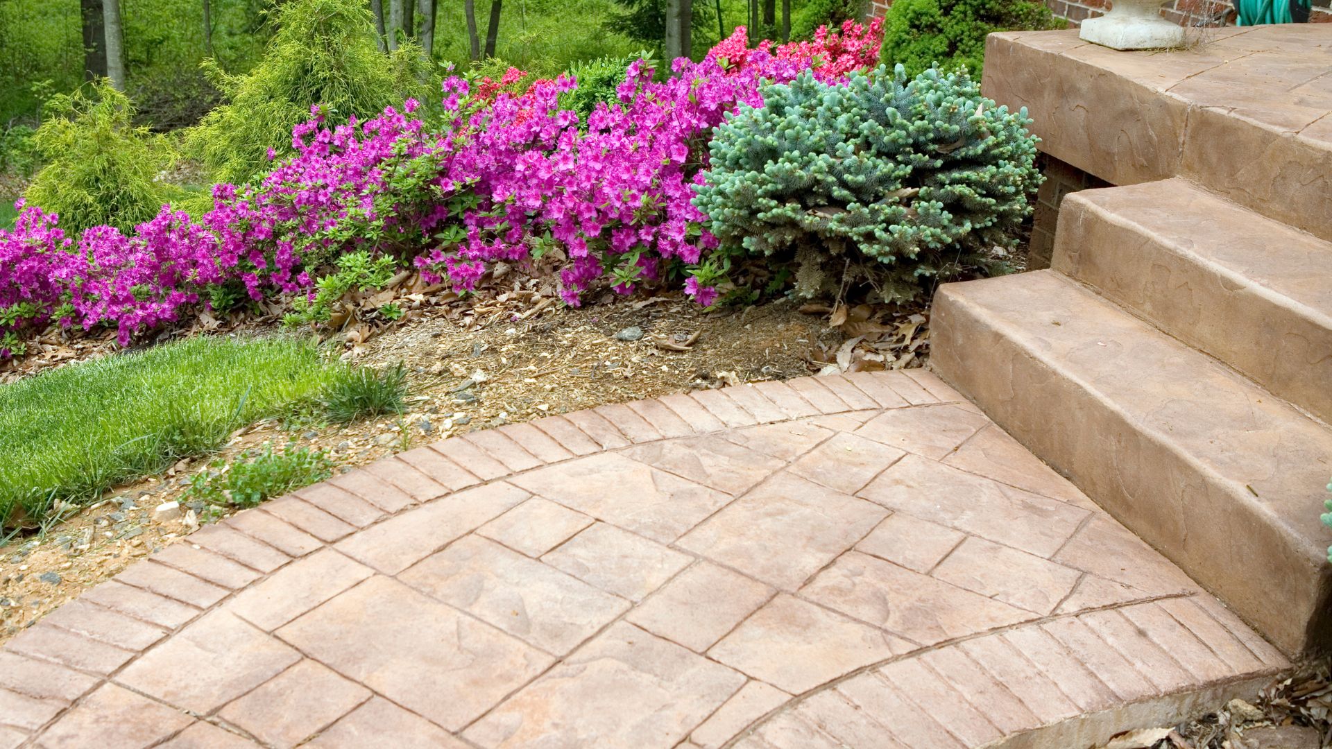 A garden with flowers and steps leading up to it